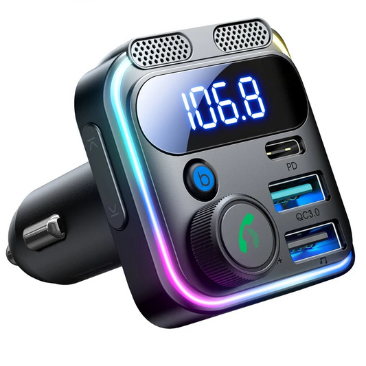 Transmetteur FM Bluetooth 5.3 48W – Double Micro, Charge Rapide, Appels Mains Libres et Lecture USB