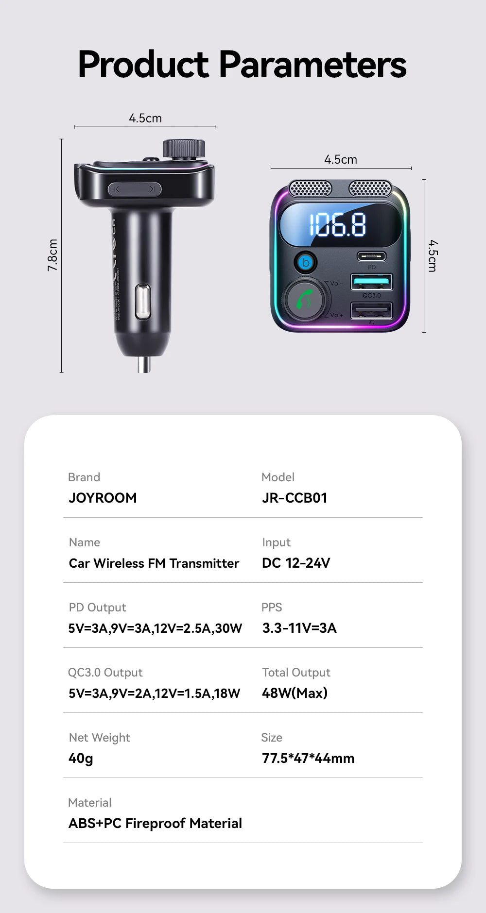Transmetteur FM Bluetooth 5.3 48W – Double Micro, Charge Rapide, Appels Mains Libres et Lecture USB