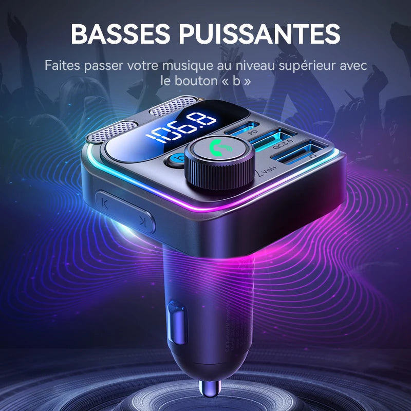 Transmetteur FM Bluetooth 5.3 48W – Double Micro, Charge Rapide, Appels Mains Libres et Lecture USB